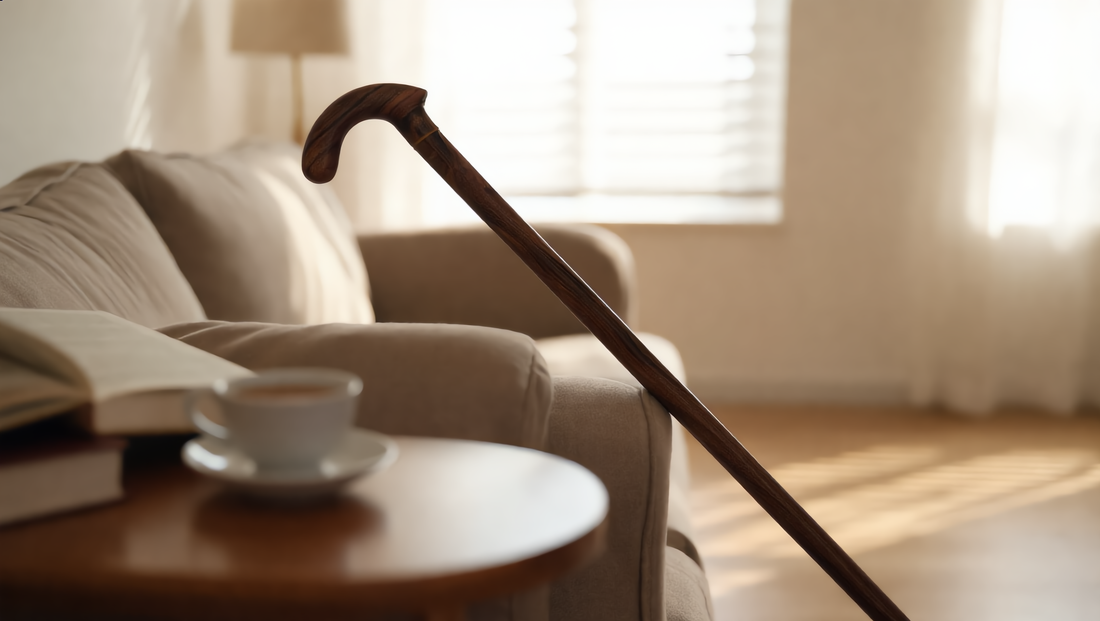 Hand-fitted laurel wood walking cane from Walt Canes, an alternative to a standard hospital recovery cane