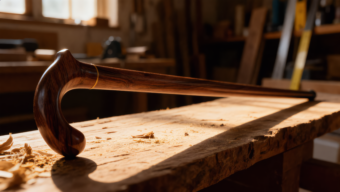 Grain detail on a hand-fitted laurel wood walking cane, unique to each piece