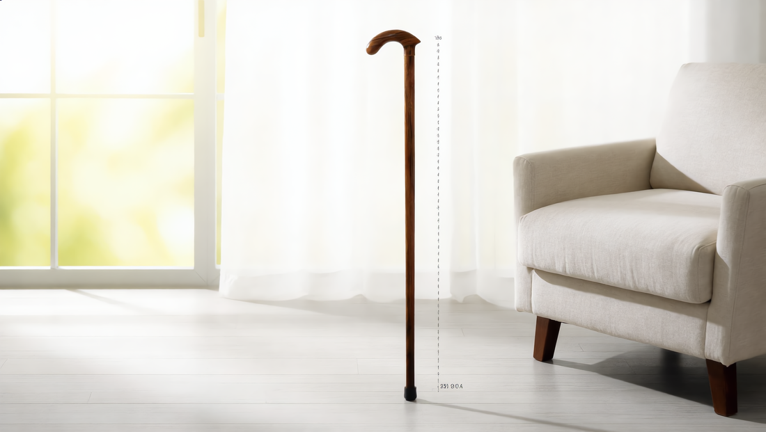 Hand-fitted laurel wood walking cane shown for measuring correct cane height and fit