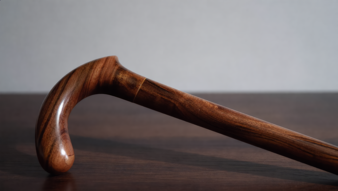 Close-up of the grain and color variation in a hand-fitted laurel wood walking cane
