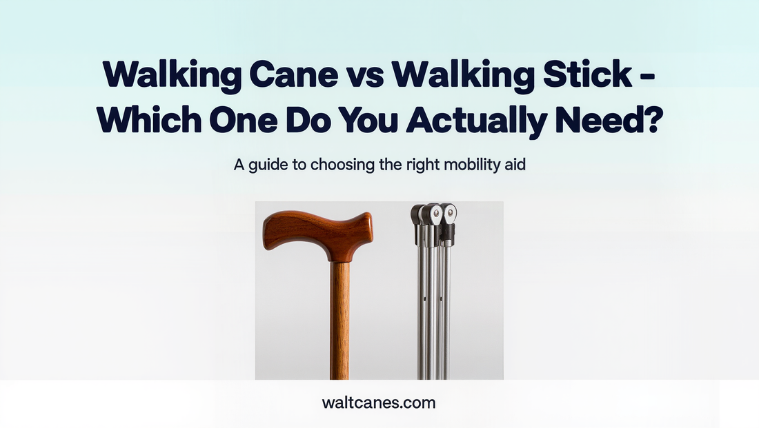 A walking cane and a taller walking stick shown side by side for comparison