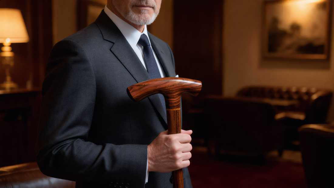 Hand-fitted laurel wood walking cane carried as a menswear accessory