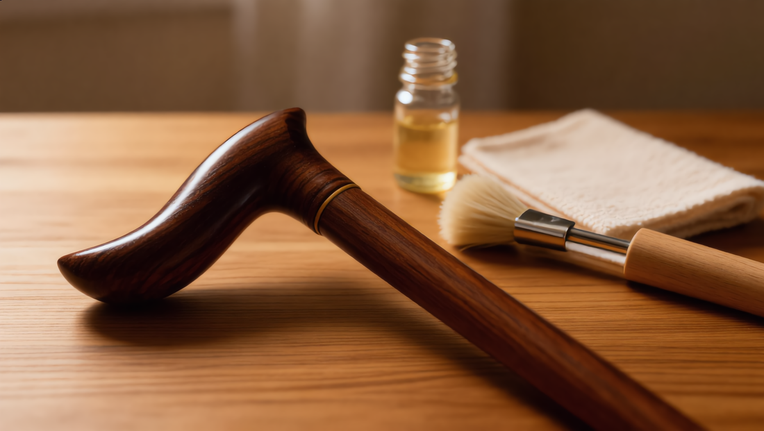 Caring for a hand-fitted laurel wood walking cane with a soft cloth and wood oil
