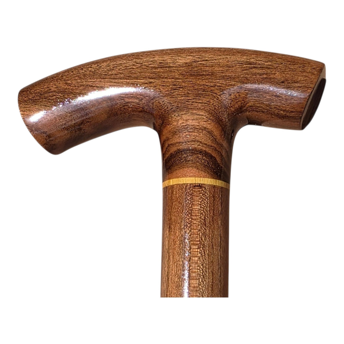 Isthmus laurel wood walking cane handle, a flat T-top in honey-brown laurel with a paler laurel band at the joint