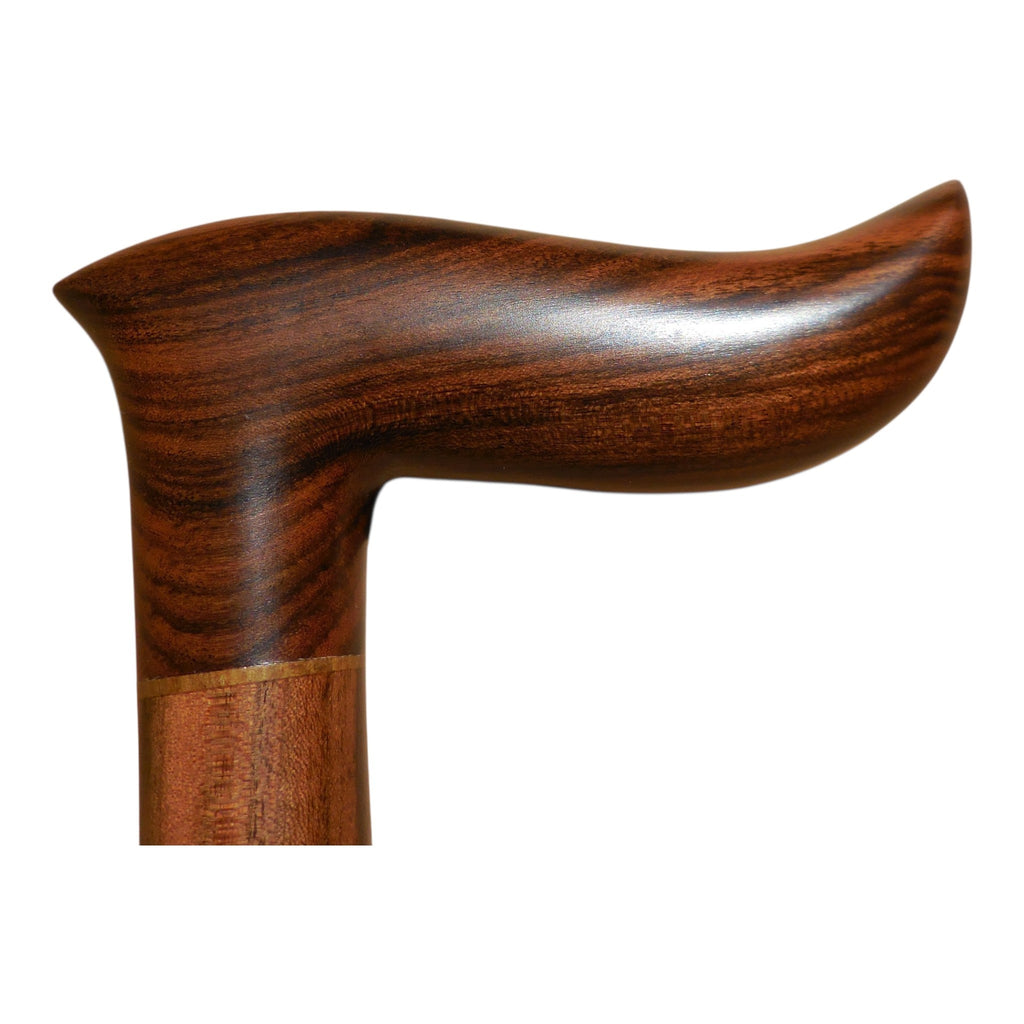 Sendero laurel wood walking cane handle, a long forward sweep in deep reddish-brown laurel