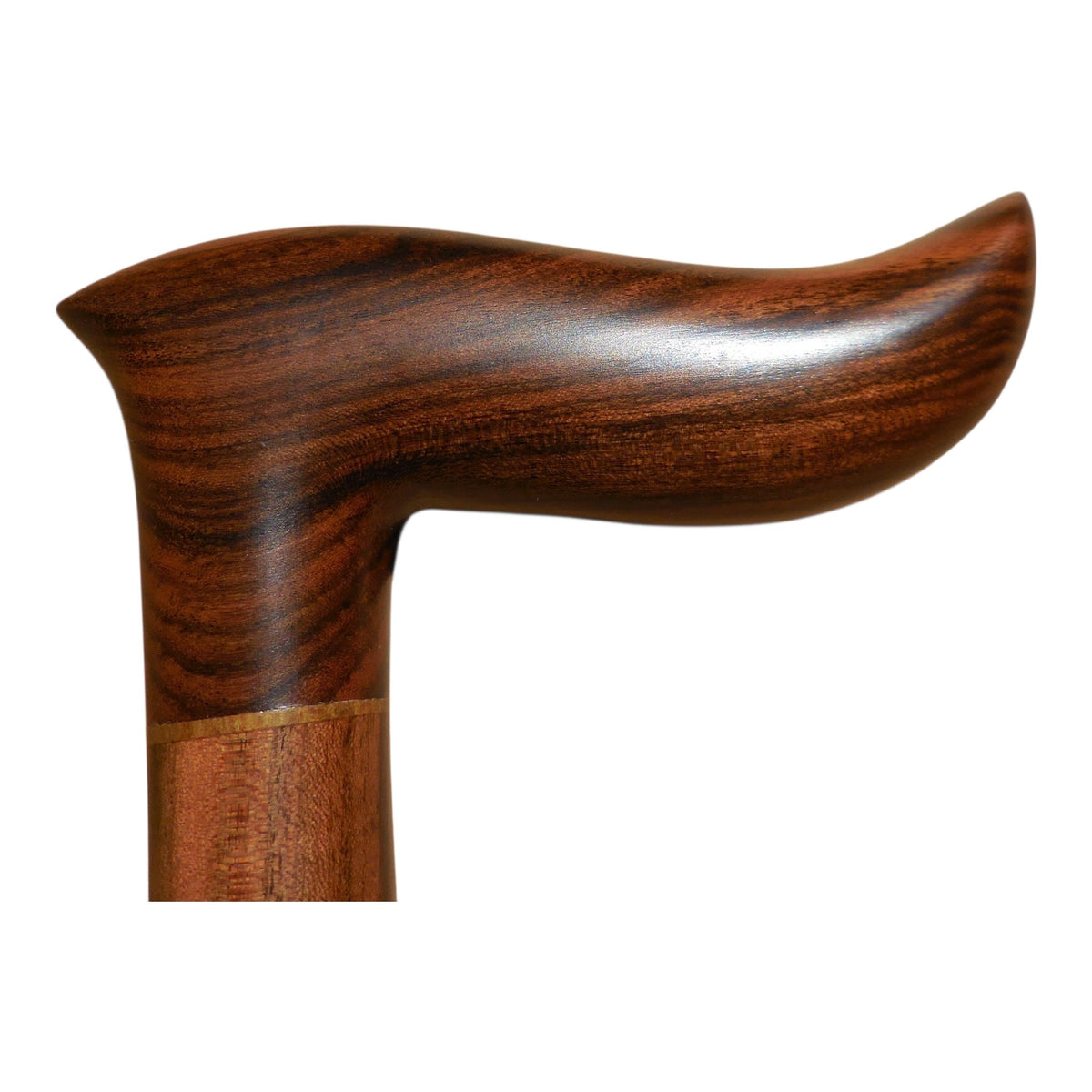 Sendero laurel wood walking cane handle, a long forward sweep in deep reddish-brown laurel