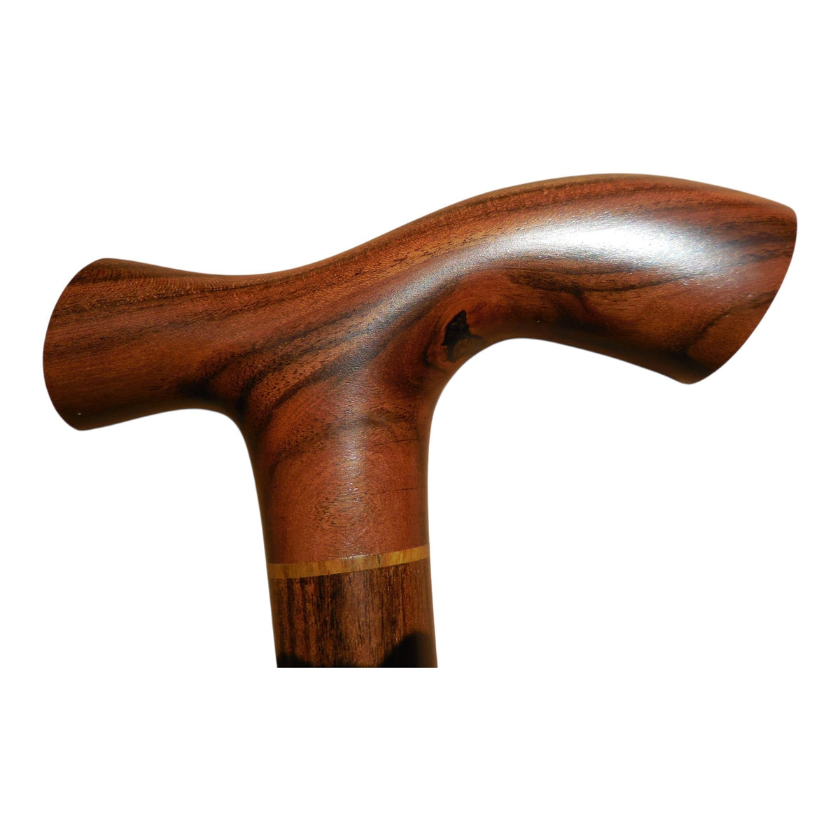 Tikal laurel wood walking cane handle, a flared T-top in figured reddish-brown laurel with a paler laurel band at the shaft