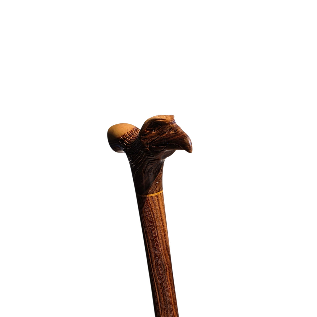 Eagle derby walking cane seen from the side, showing the carved handle above the striped laurel shaft