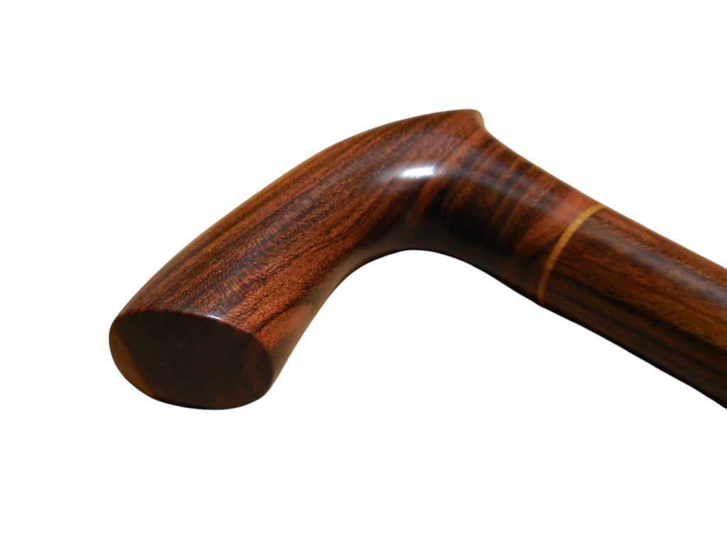 Sombra cane handle from the side, showing the rounded end of the forward hook