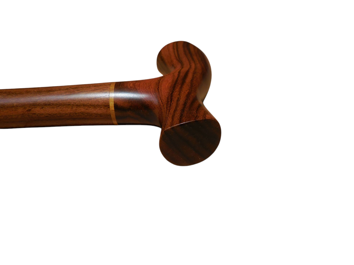 Tikal cane handle photographed end-on, showing the rounded tip of the handle and the polished grain